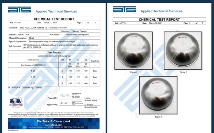 lab results for basis products stainless steel bowls